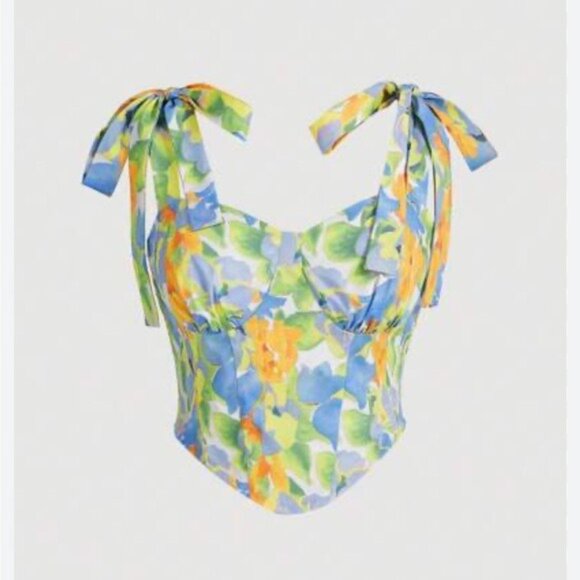 Floral Tie Strap Crop Top XS Y2K Tropical Coquette Summercore Cottagecore Vibes - Picture 10 of 10